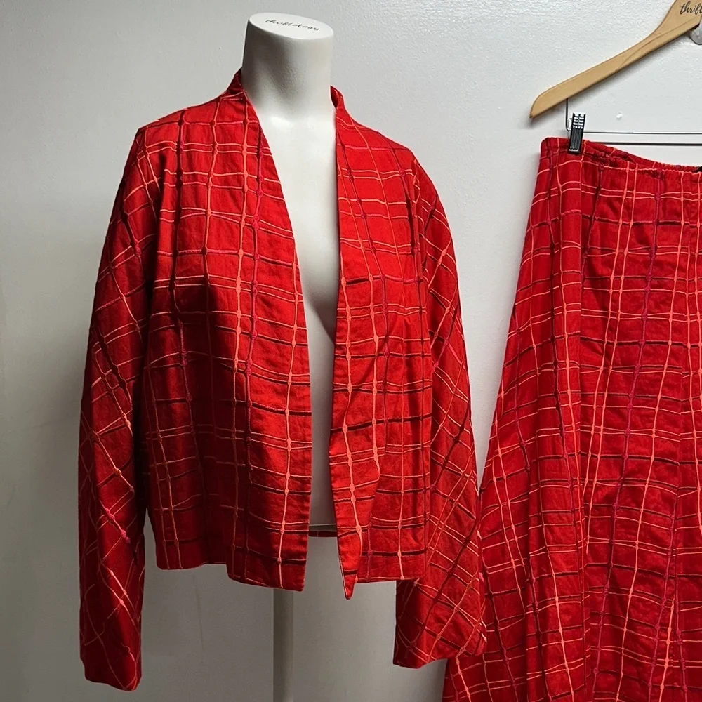 Bottega Veneta Suit Set Blazer Jacket Matching Maxi Skirt Cotton Red Plaid US 12